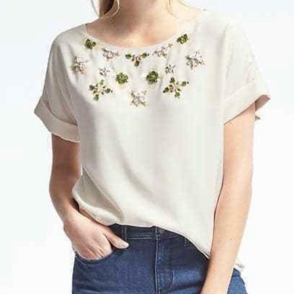 Banana Republic Crystal Beaded Short Sleeve Top